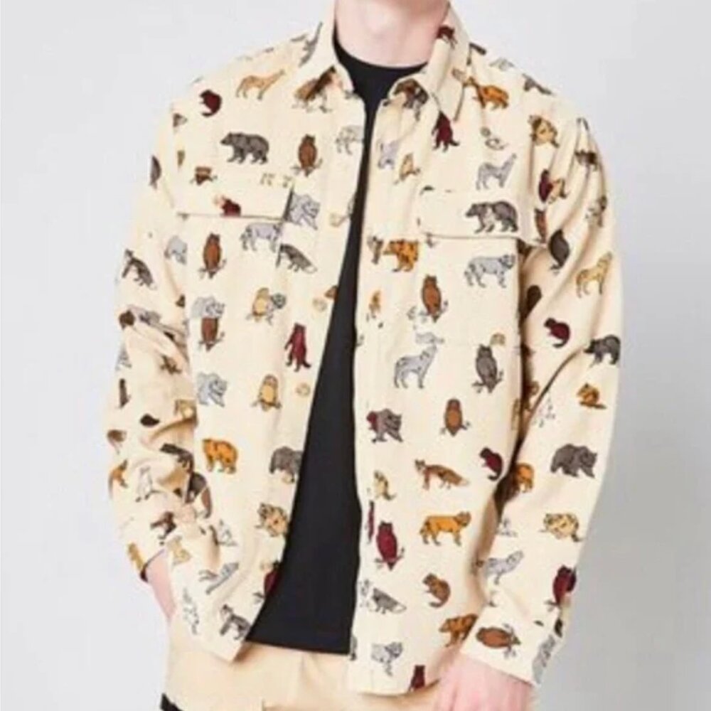 Woodland Critters Long Sleeve Button Down Corduroy Shirt Size XL